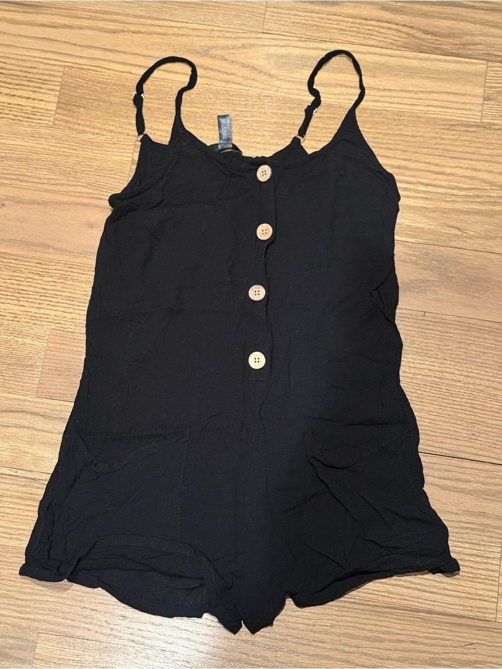Aqua Black Button-Front Spaghetti Strap Romper